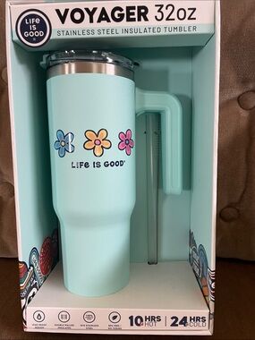 Life Is Good Mint Tumbler with Multicolor Floral Design